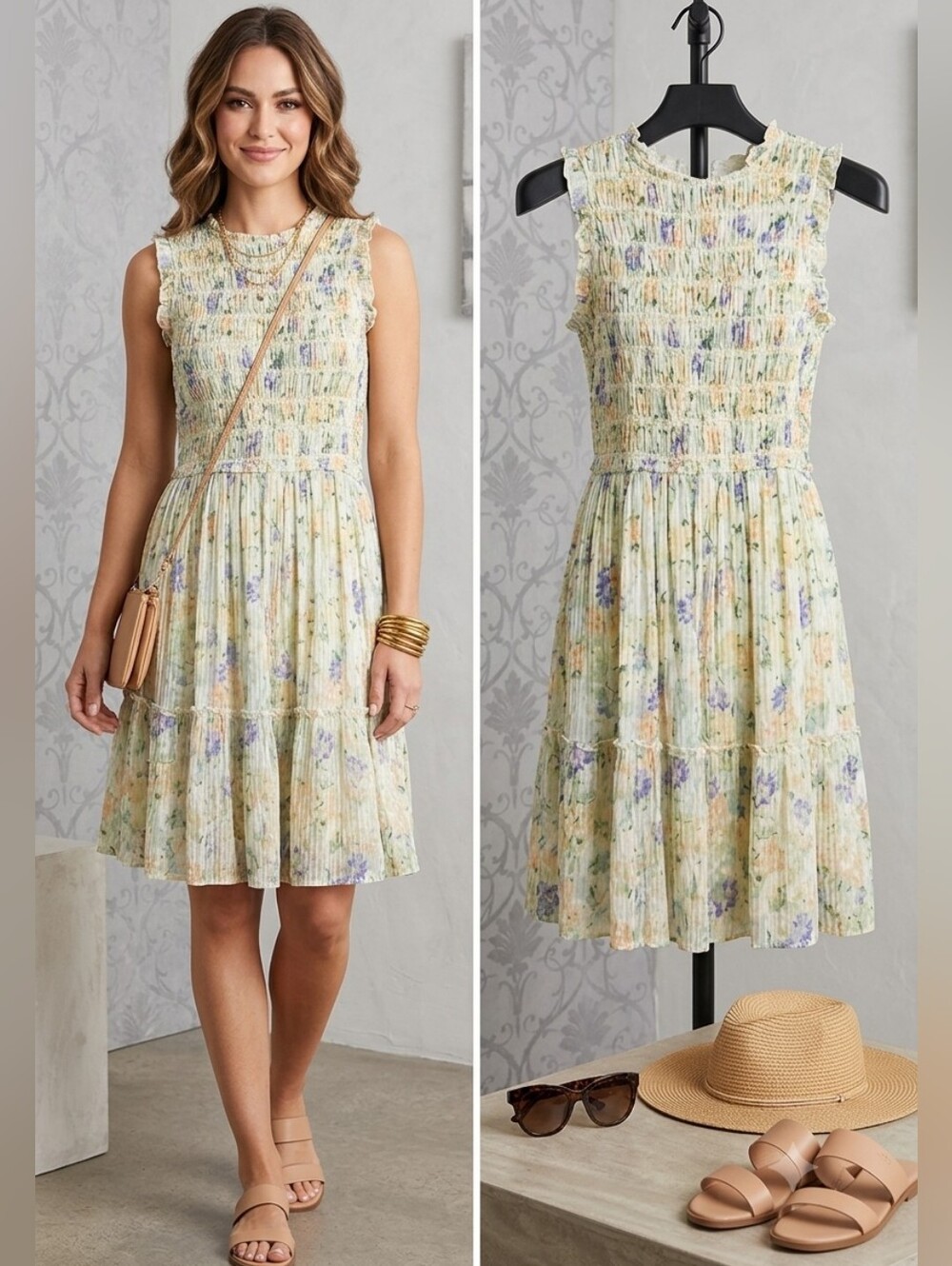Dex Pale Yellow Floral Smocked Midi Dress